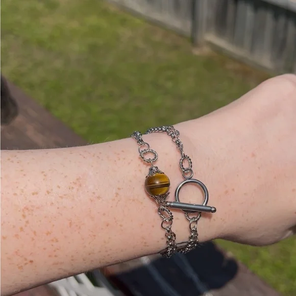 Silver Choker or Bracelet with Tiger's Eye Pendant - Picture 3 of 5
